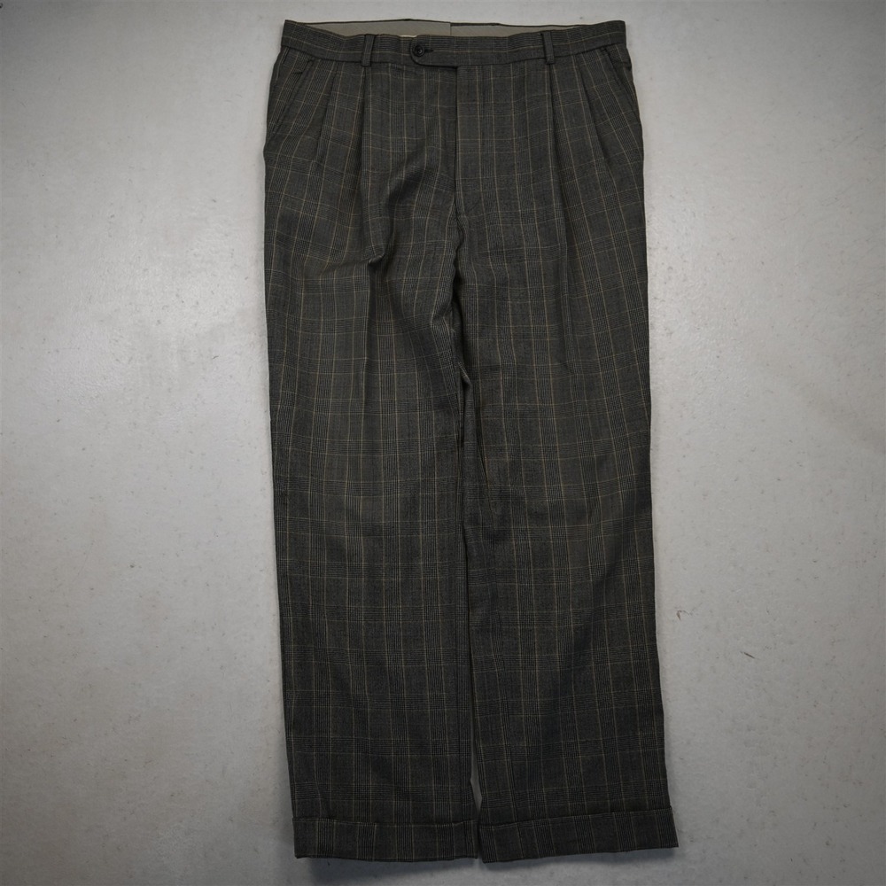 Bespoke 36x30 Brown Check 100% Wool Flannel Pleated Cuffed Classic Dress Pants